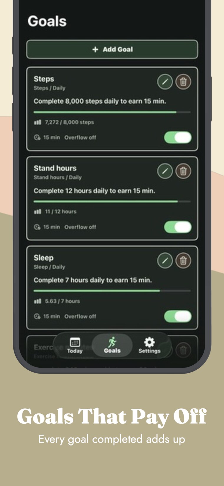 Fit Shield App Store screenshot showing goals that pay off