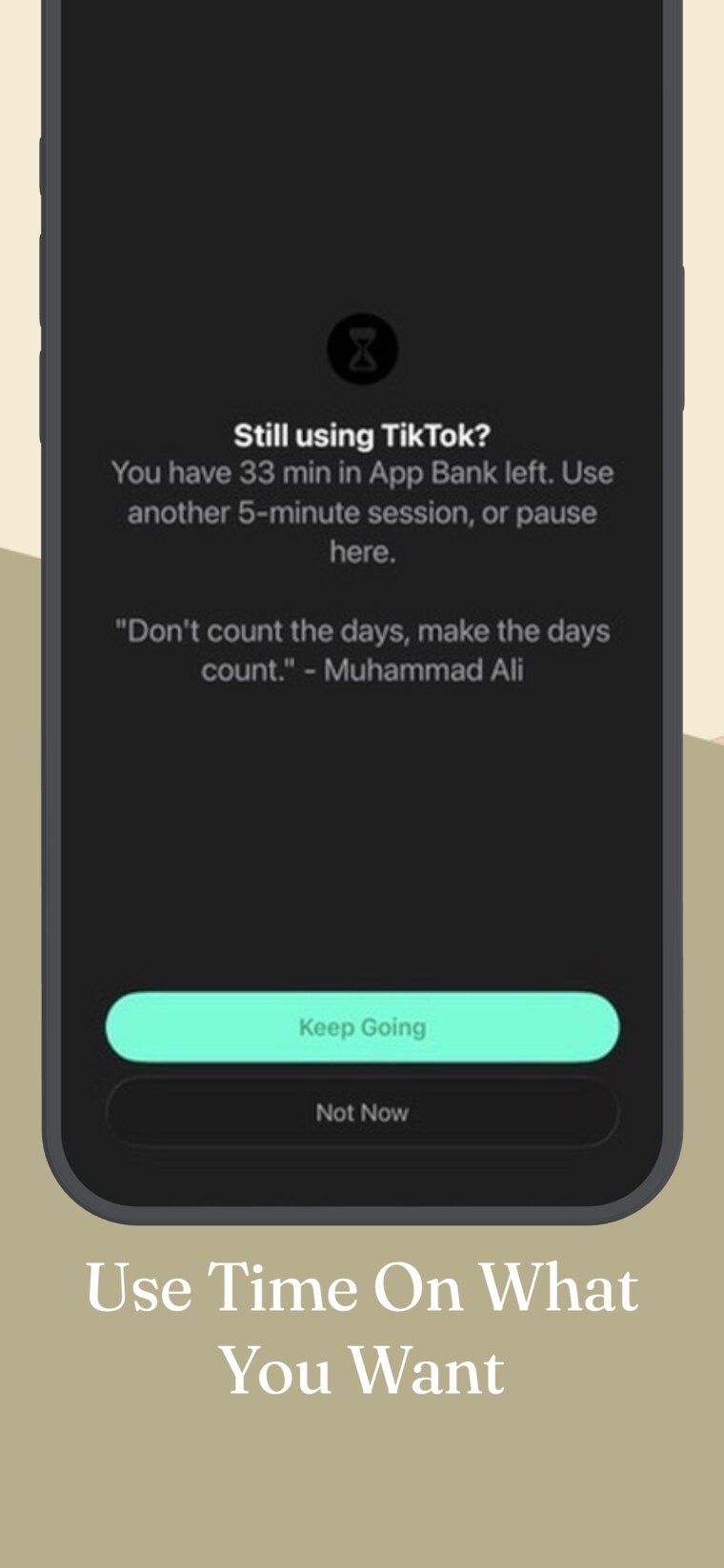 Fit Shield App Store screenshot showing a TikTok continuation prompt with App Bank minutes left