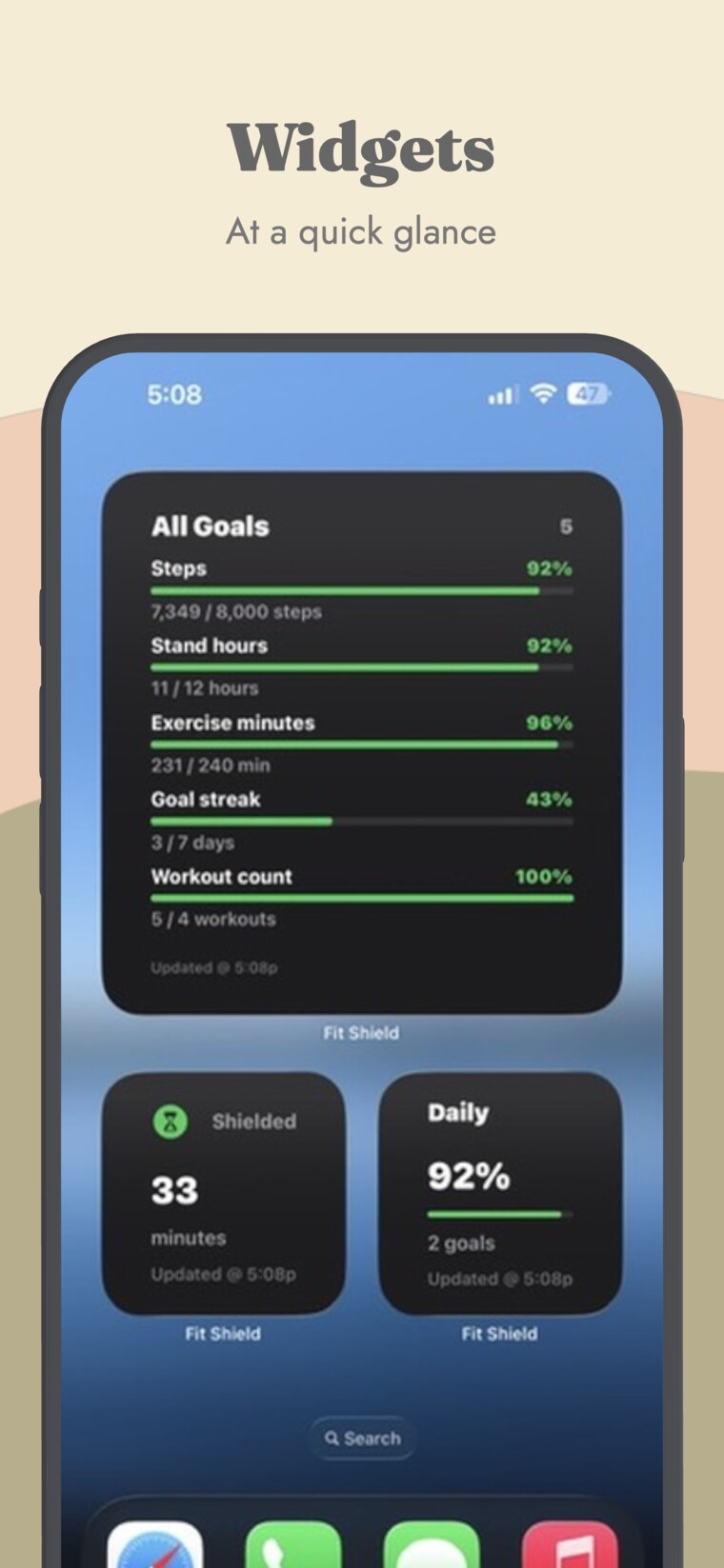Fit Shield App Store screenshot showing Home Screen widgets for App Bank minutes and goal progress