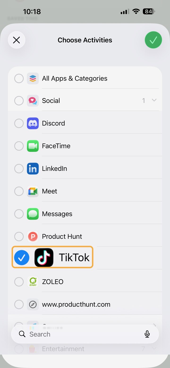 iPhone activity picker selecting TikTok as a protected app
